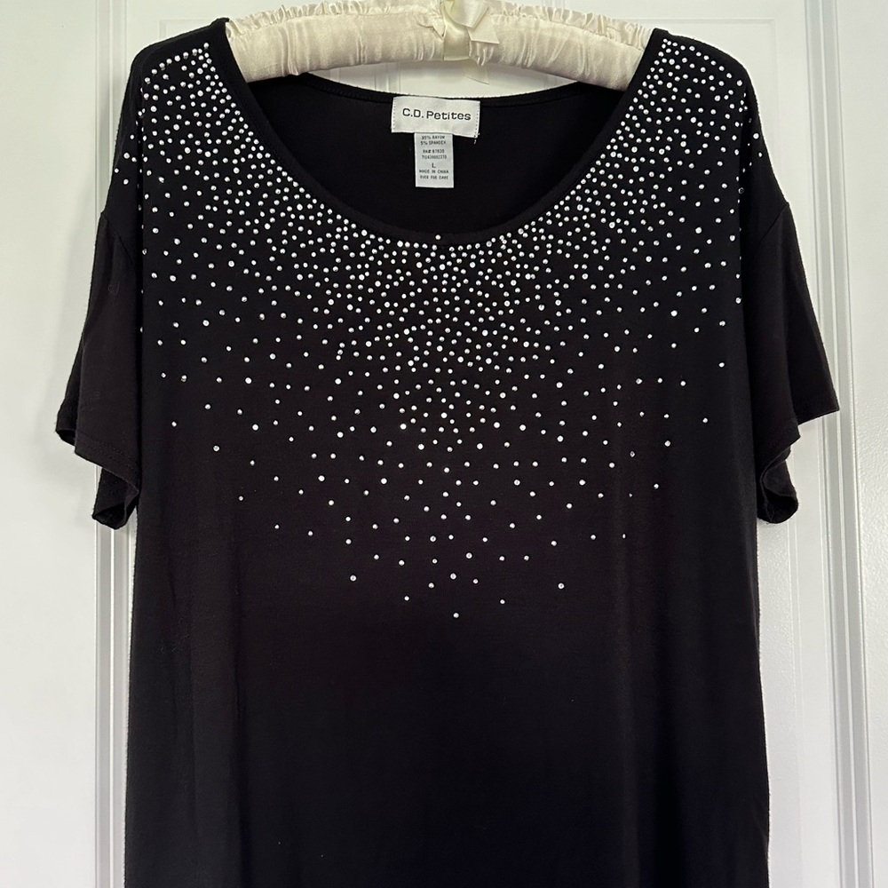 Cathy Daniels Size Petite Large Black Beaded Short Sleeve T-Shirt